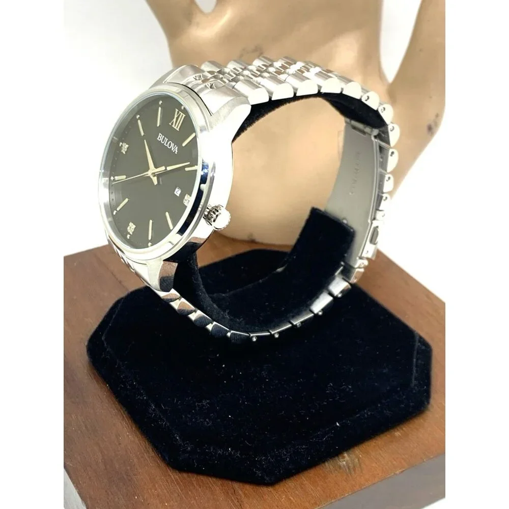 Bulova Men's Watch 96D151 Quartz Diamond Accent Black Dial Stainless Steel 41mm